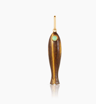 Gemstone Fish Charm 14K Gold Necklace in Tiger's Eye