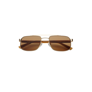 A pair of square aviator-style sunglasses with a thin gold metal frame and brown tinted lenses, shown against a plain white background.