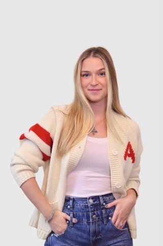 WPS Chunky Knit Varsity Cardigan in Ivory & RedClothingChayse Clothing